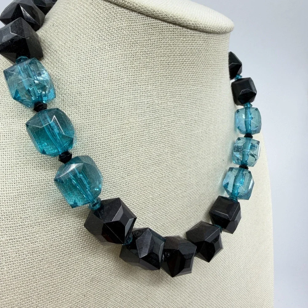 Black Aqua Blue Faceted Cube Bead Necklace Chunky Geometric Statement Jewelry